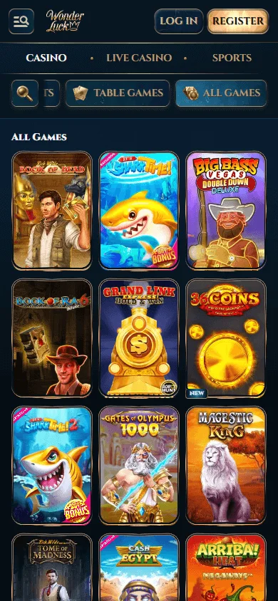 Wonder Luck Casino games screen on a mobile phone