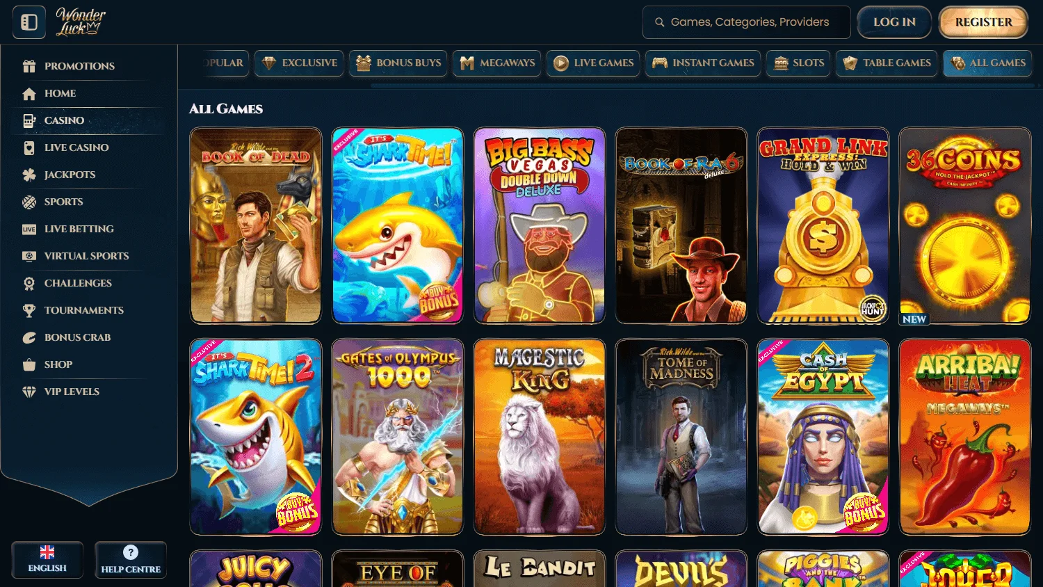 Wonder Luck Casino games screen on desktop
