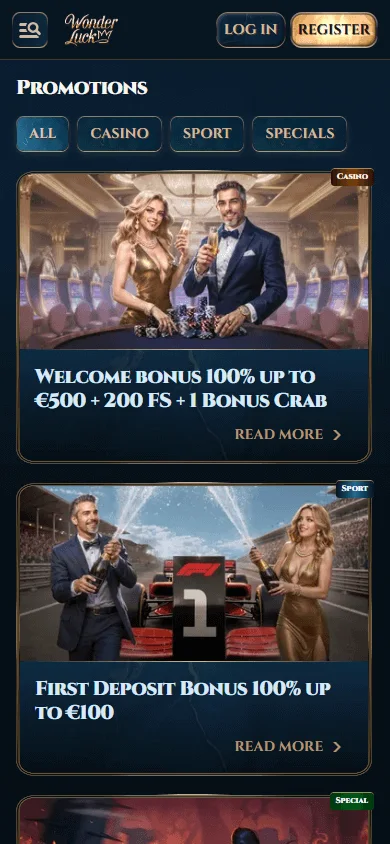 Wonder Luck Casino promotions screen on a mobile phone